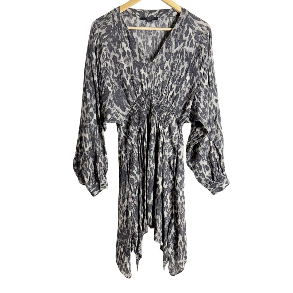 All Saints Nichola Gray Leopard Animal V-Neck Handkerchief Mini Dress Size M - Picture 5 of 15